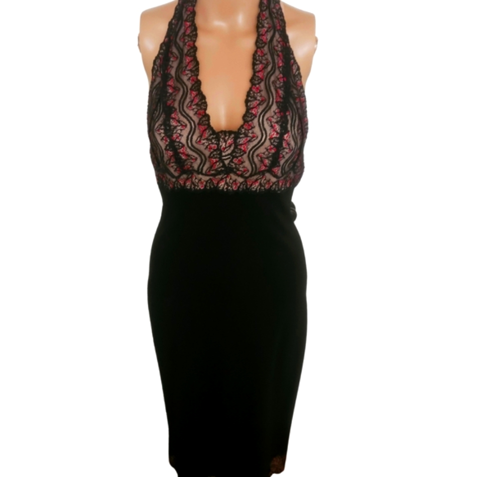 Nicole Miller Black Slip Lace Halter Midi Dress